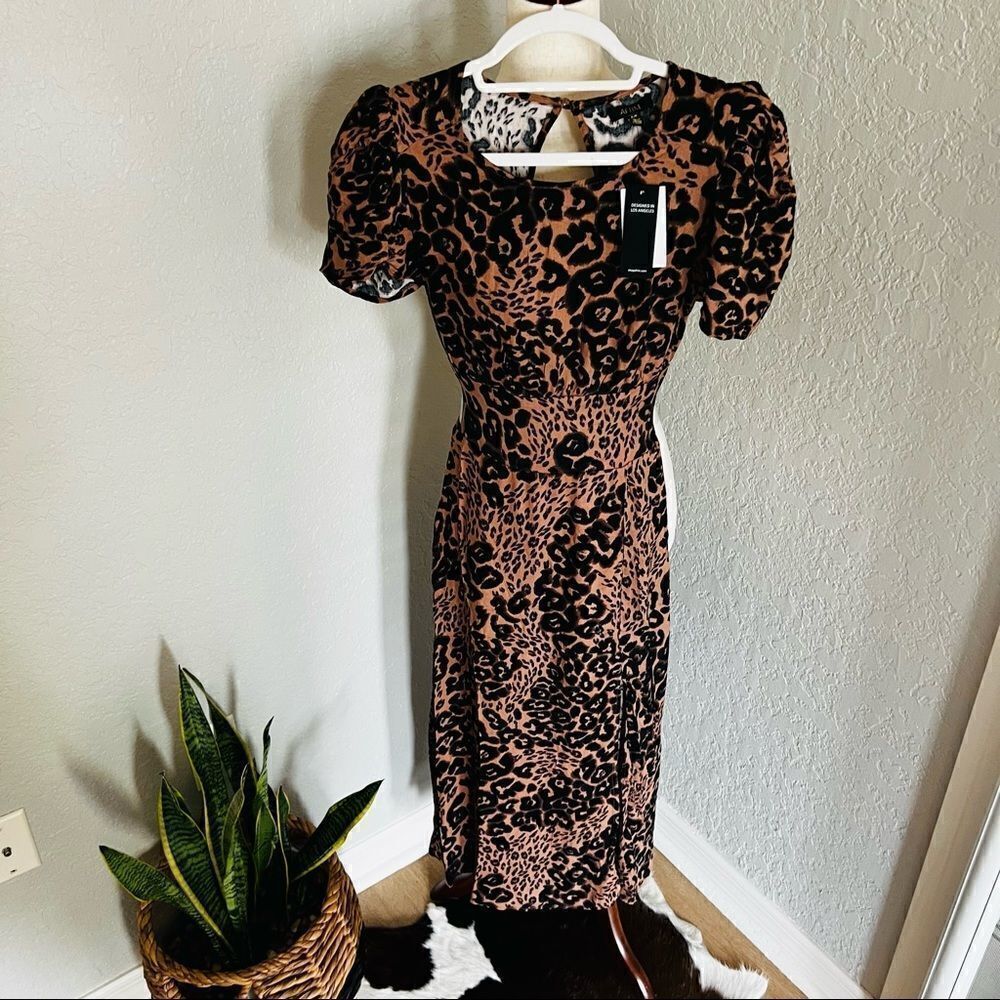 AFRM Jamie Print Open Back Short Sleeve Dress, Brown/Black Animal, Small, NWT